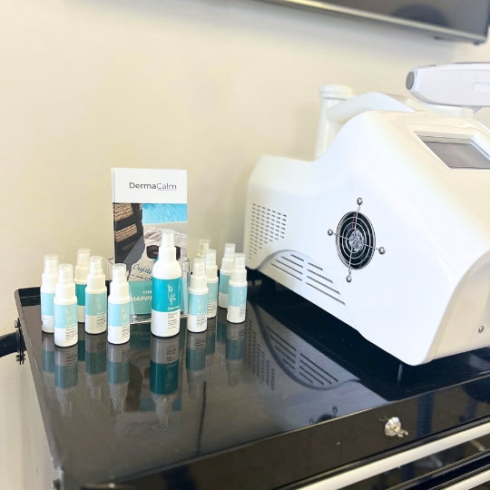 DermaCalm AfterCare spray display in permanent makeup salon